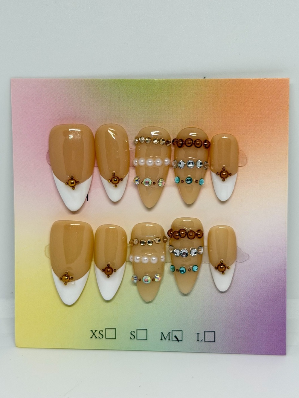Neutral Beige & White Crystal Accent Press-On Nails - Fashion Brand